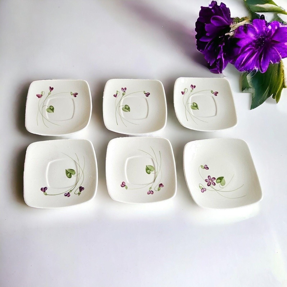 6 Orchard Ware California Square Plates Bread Dessert Purple Violet Flowers